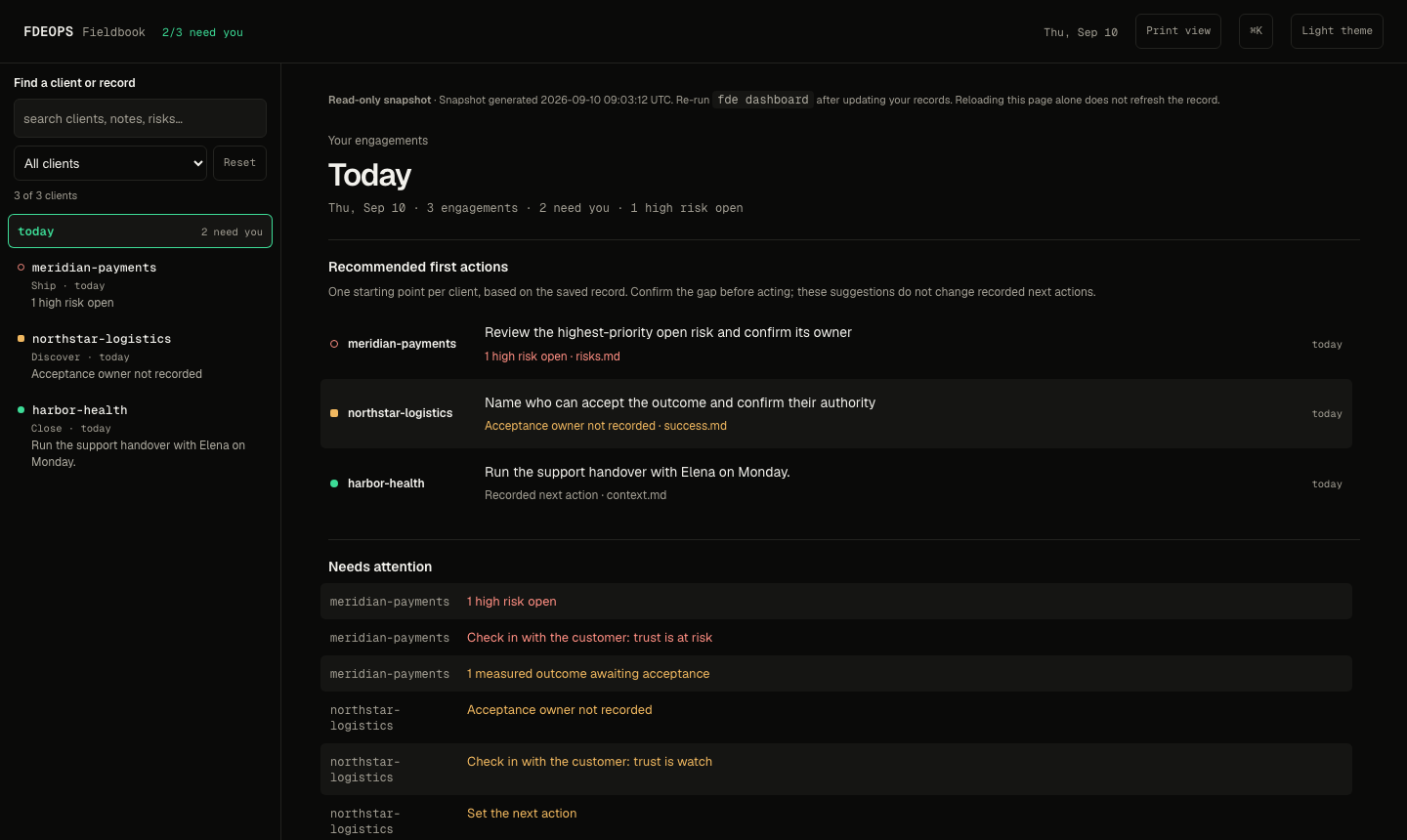 FDEOps fieldbook showing next actions, risks and evidence gaps across fictional customers